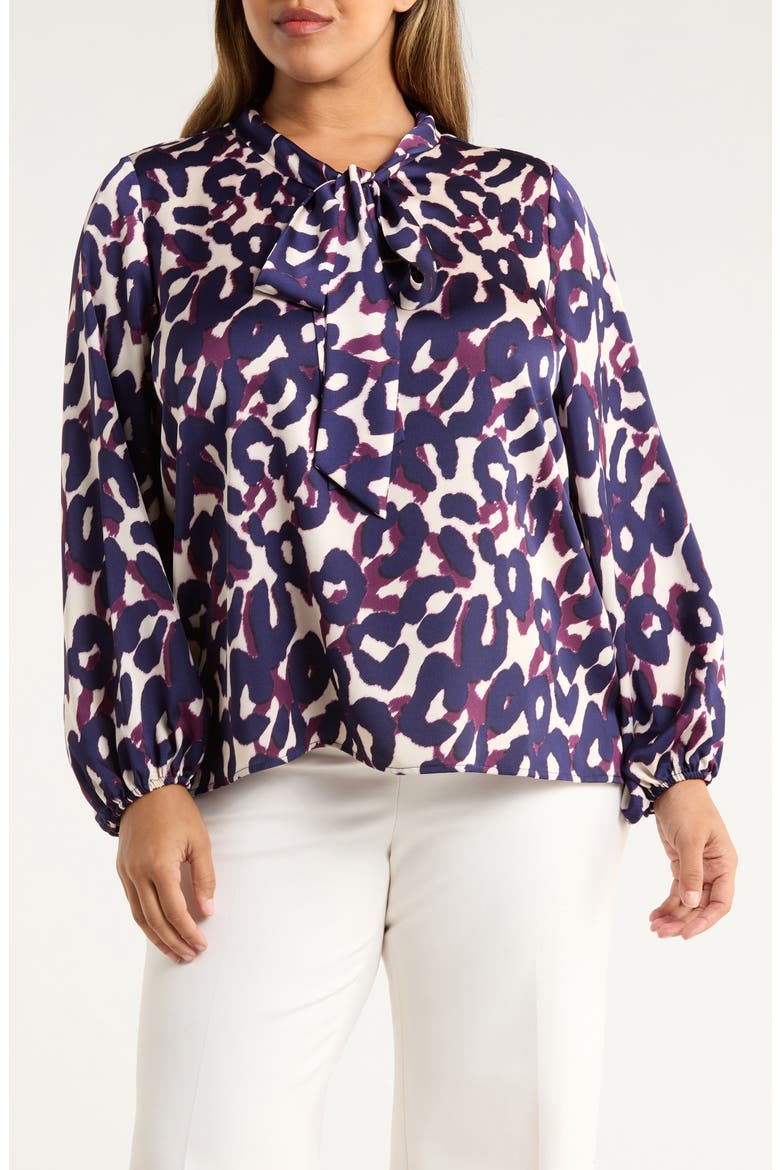 Leopard Print Bow Neck Satin Top, Main, color, PLUM LEOPARD
