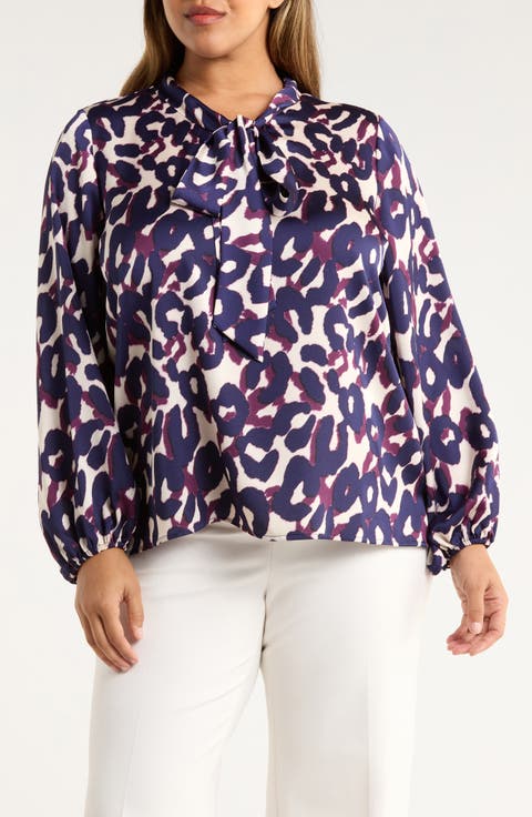 Leopard Print Bow Neck Satin Top (Plus)
