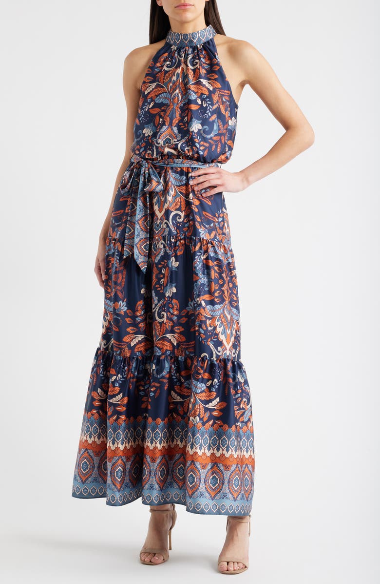 Julia Jordan Sleeveless Tiered Mock Neck Waist Tie Dress, Main, color, Navy