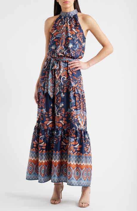 Julia Jordan Sleeveless Tiered Mock Neck Waist Tie Dress