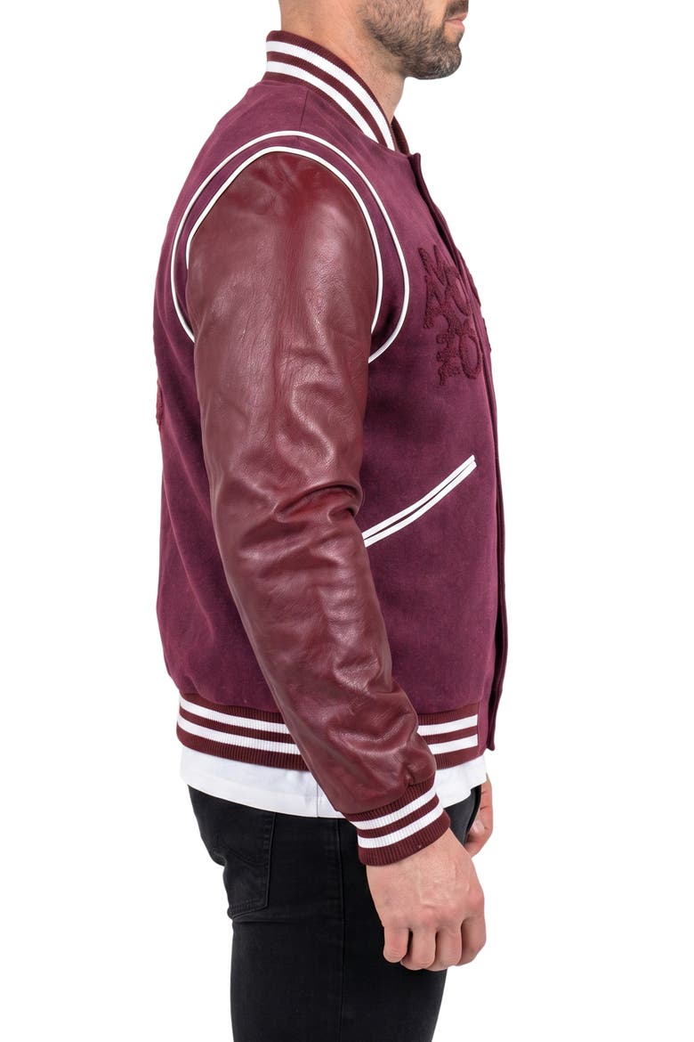 Marthyr Leather Sleeve Varsity Jacket, Alternate, color, RED