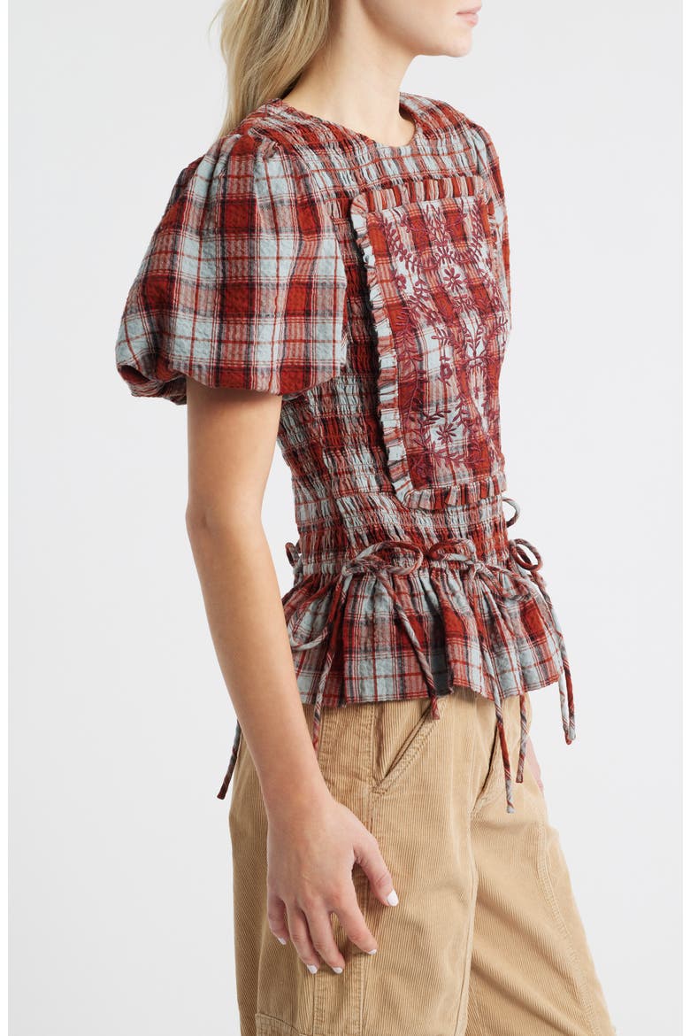 Audrey Plaid Smocked Puff Sleeve Organic Cotton Top, Alternate, color, RED/ GREY