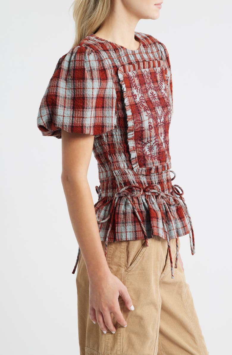 Damson Madder Audrey Plaid Smocked Puff Sleeve Organic Cotton Top, Alternate, color, Red/ Grey