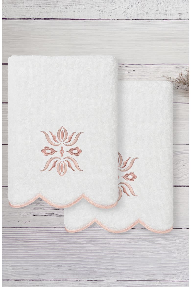 Flower Crest Scalloped Set of 2 Hand Towels, Alternate, color, WHITE/ PINK