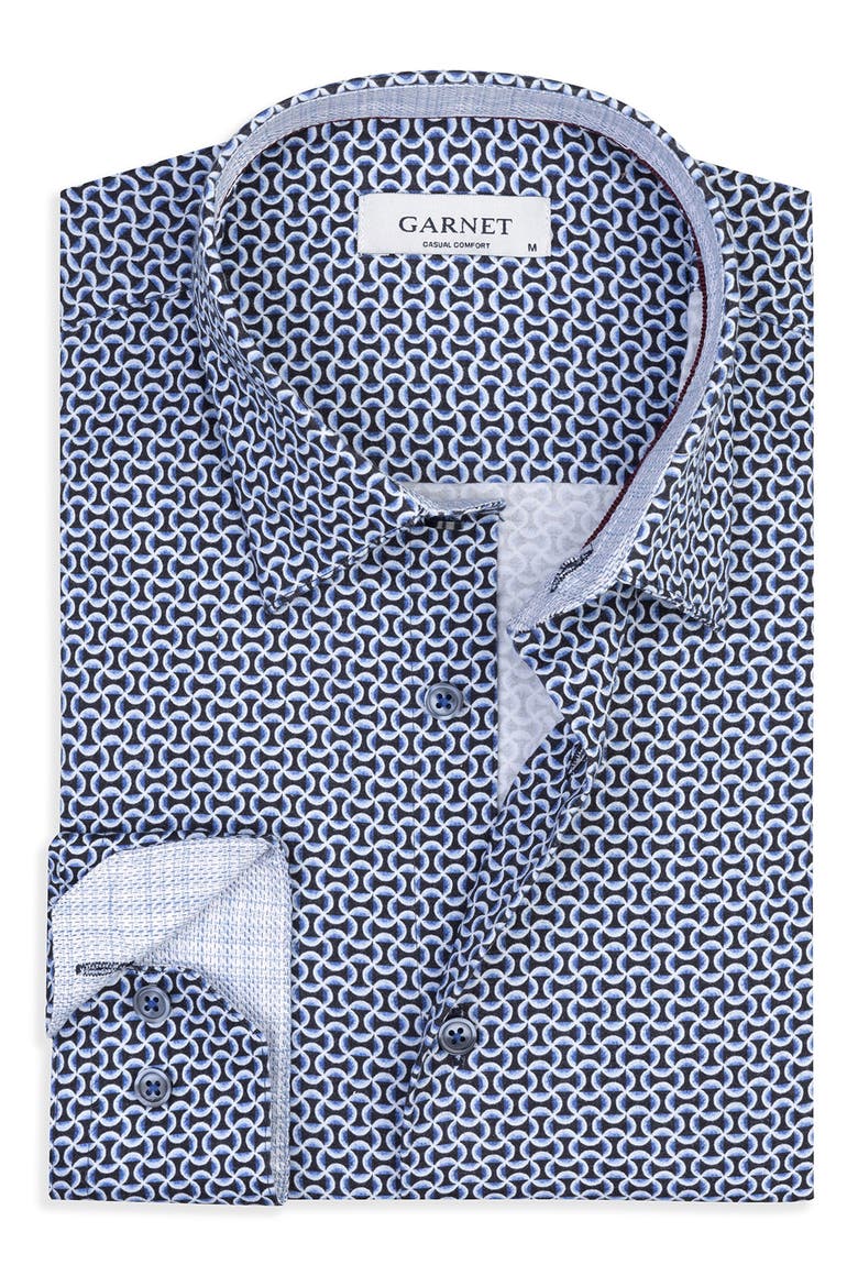 Interlink Geo Print Stretch Cotton Shirt, Alternate, color, NAVY