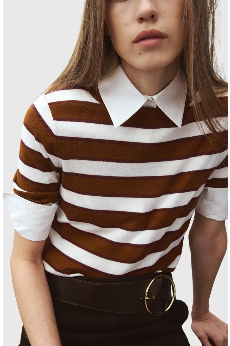 Stripe Short Sleeve Sweater, Main, color, CARAMEL