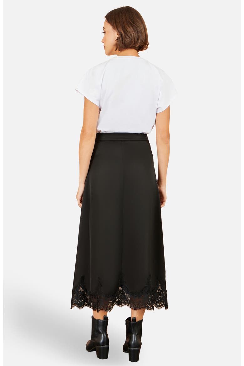 Lace Trim Satin Midi Skirt, Alternate, color, Black