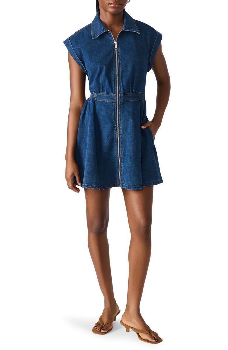 Steve Madden Tucker Cap Sleeve Denim Minidress, Main, color, Dark Blue