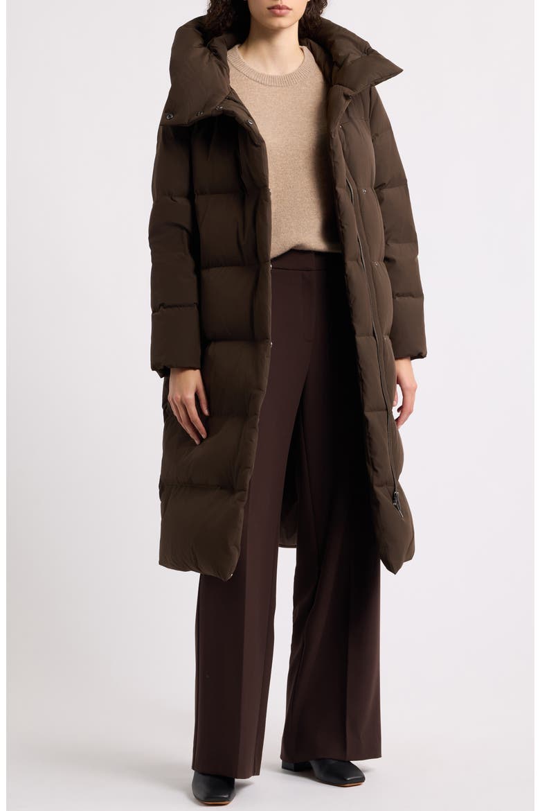 Asymmetric Stand Collar Long Puffer Coat, Alternate, color, BURNT WALNUT