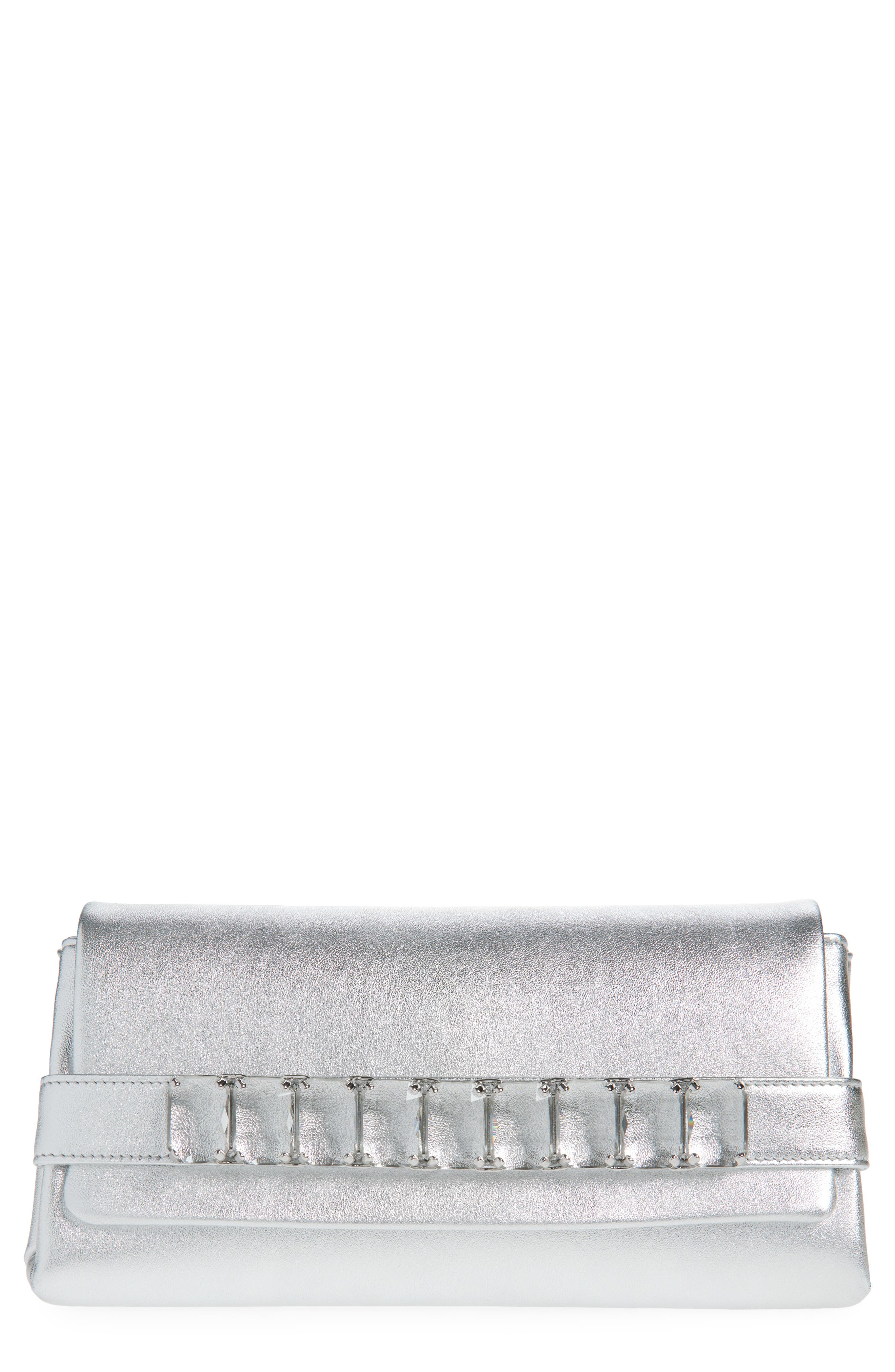 Jimmy Choo Kya Crystal Embellished Metallic Leather Clutch, Main, color, 