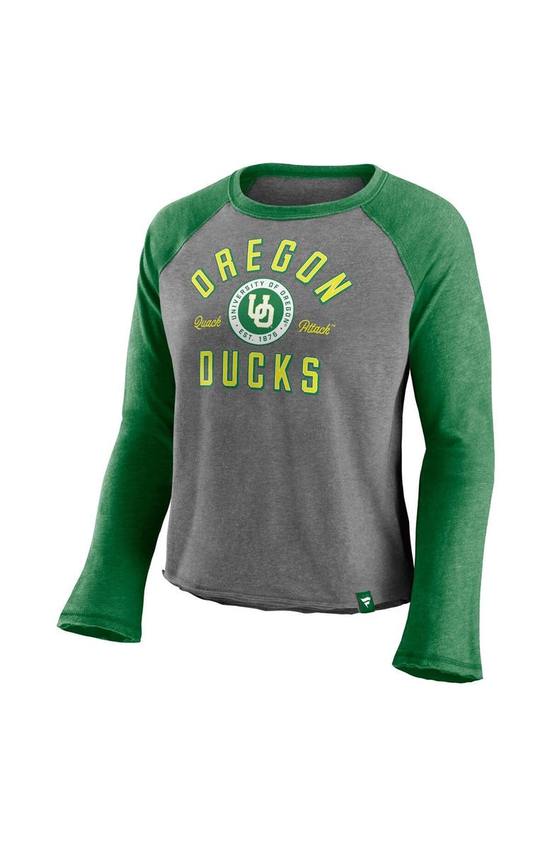 FANATICS Women's Majestic Heathered Gray/Heathered Green Oregon Ducks Competitive Edge Cropped Raglan Long Sleeve T-Shirt, Alternate, color, 