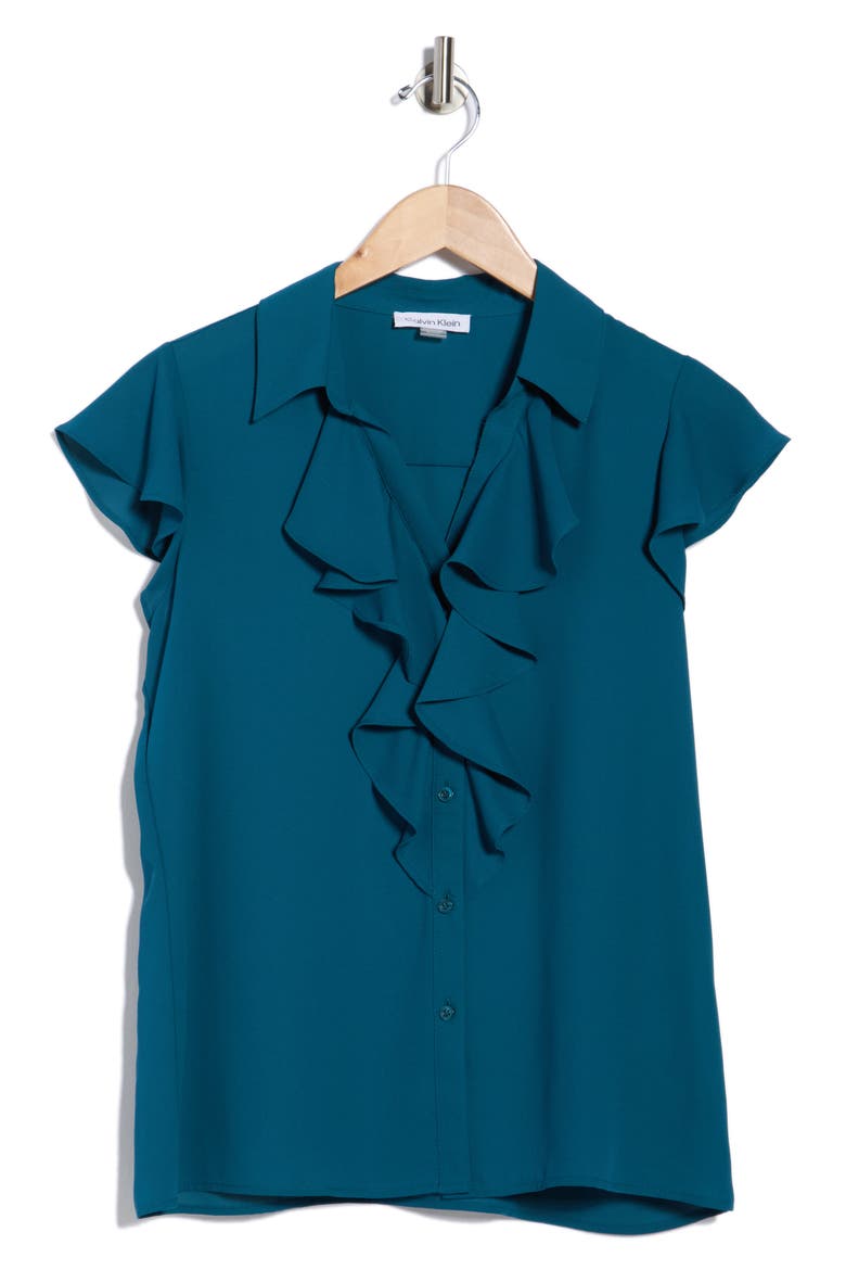 Cap Sleeve Ruffle Front Button-Up Shirt, Alternate, color, CYPRESS