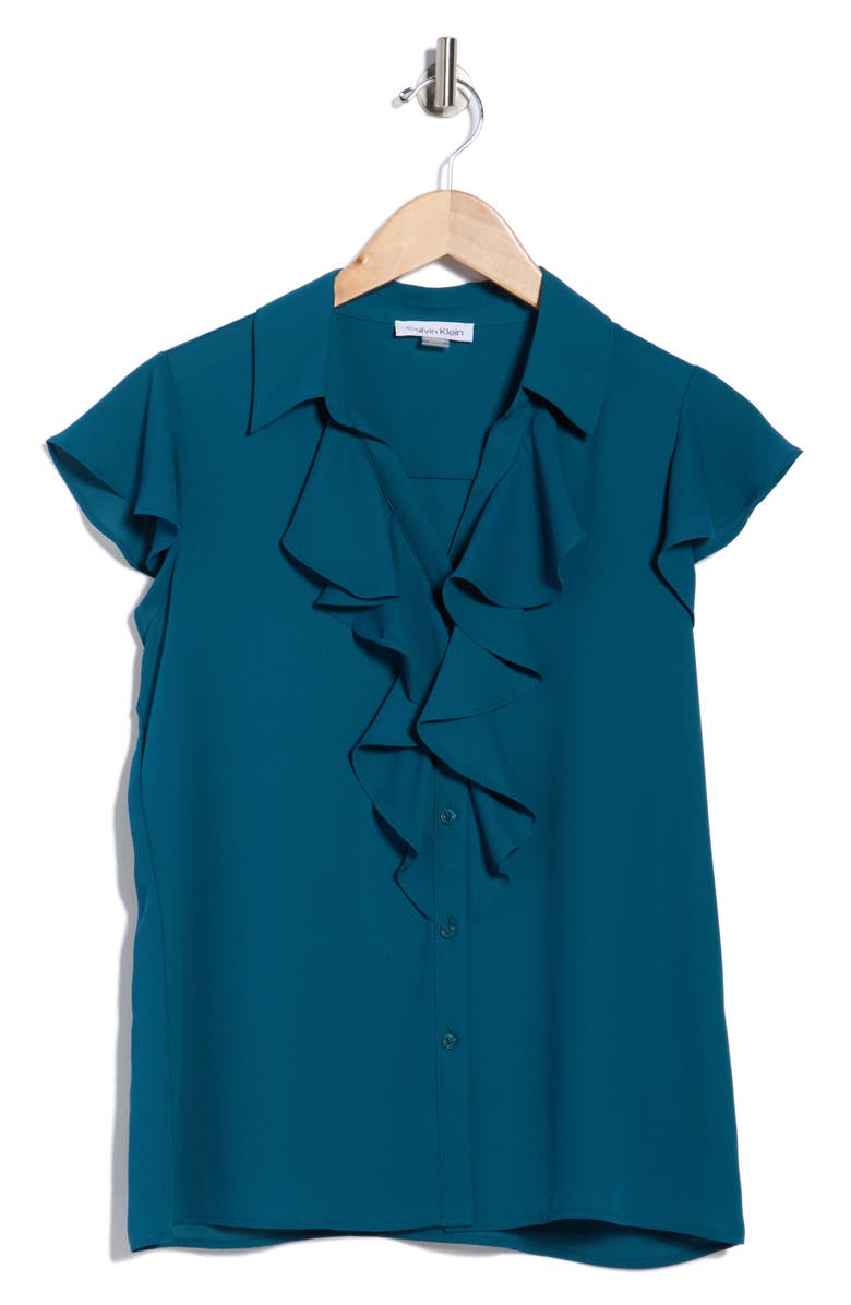 Calvin Klein Cap Sleeve Ruffle Front Button-Up Shirt, Alternate, color, Cypress