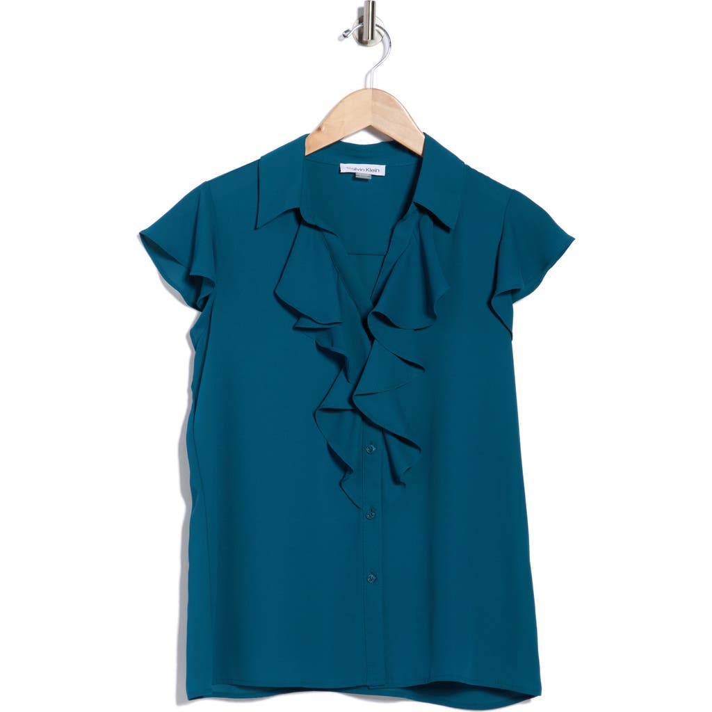 Calvin Klein Cap Sleeve Ruffle Front Button-up Shirt In Blue