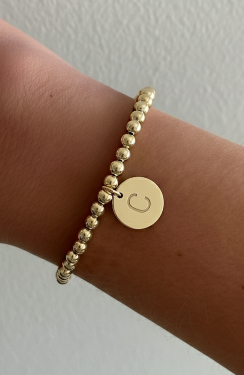 CUFFED BY NANO Classic Initial Coin 14k Gold Filled Bead Bracelet, Alternate, color, Gold C