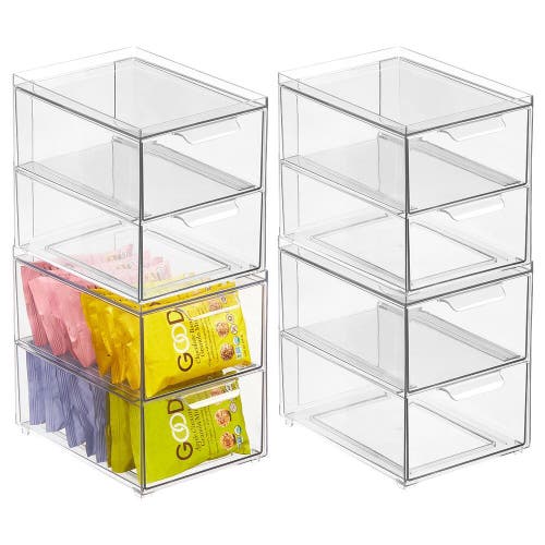 mDesign Plastic Stackable Kitchen Pantry Organizer with Drawer - 4 Pack in Clear 