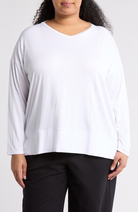 V-Neck Long Sleeve Boxy T-Shirt (Plus)