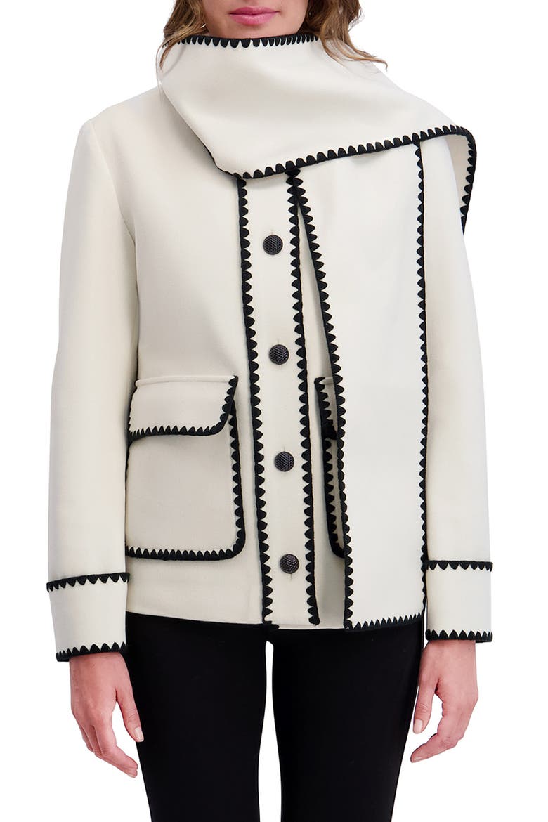 Whipstitch Detail Coat with Attached Scarf, Main, color, IVORY