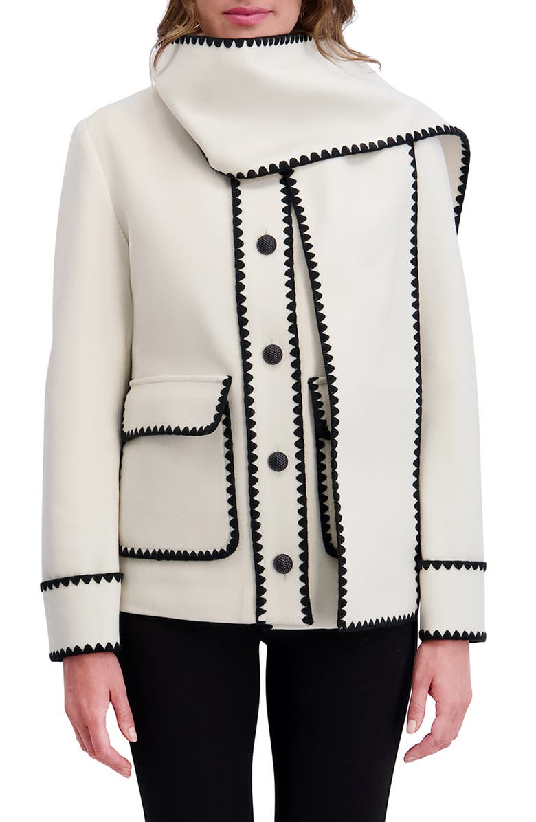 Kensie Whipstitch Detail Coat with Attached Scarf, Main, color, Ivory