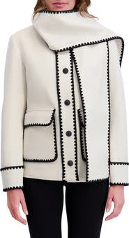 Kensie Whipstitch Detail Coat with Attached Scarf