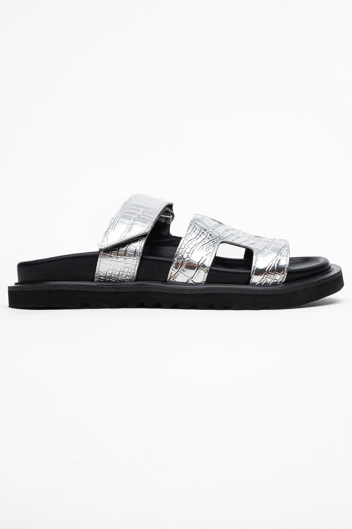Loana Leather Slide Sandal, Alternate, color, Silver Leather