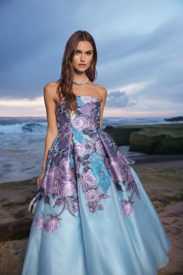 Organza Strapless Ballgown With Pockets, Alternate, color, Blue Multi