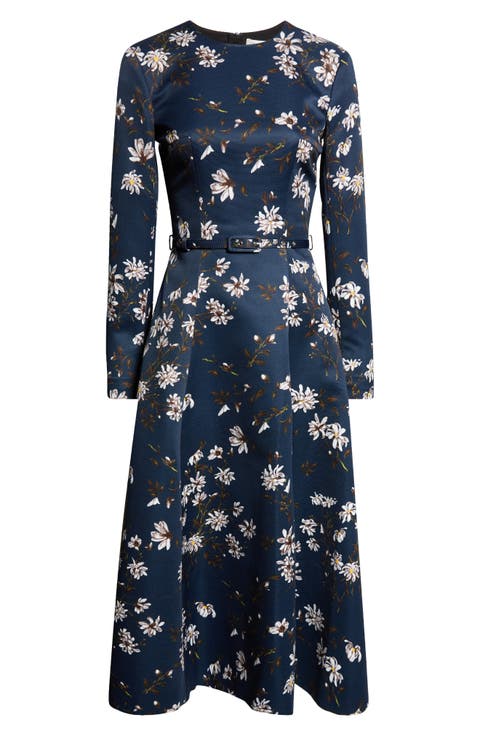 Capucine Floral Print Long Sleeve Belted Satin Midi Dress