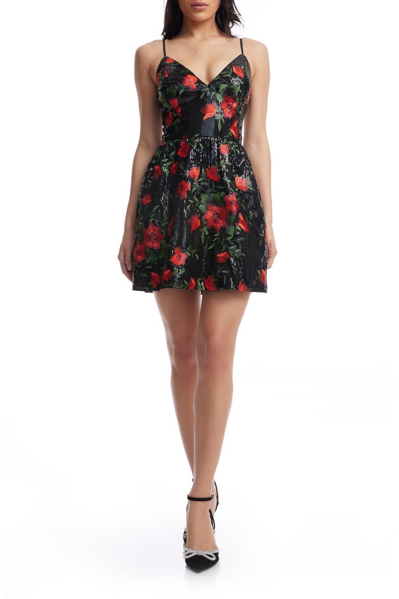 Elva Sequin Floral Print Minidress, Main, color, ROUGE MULTI