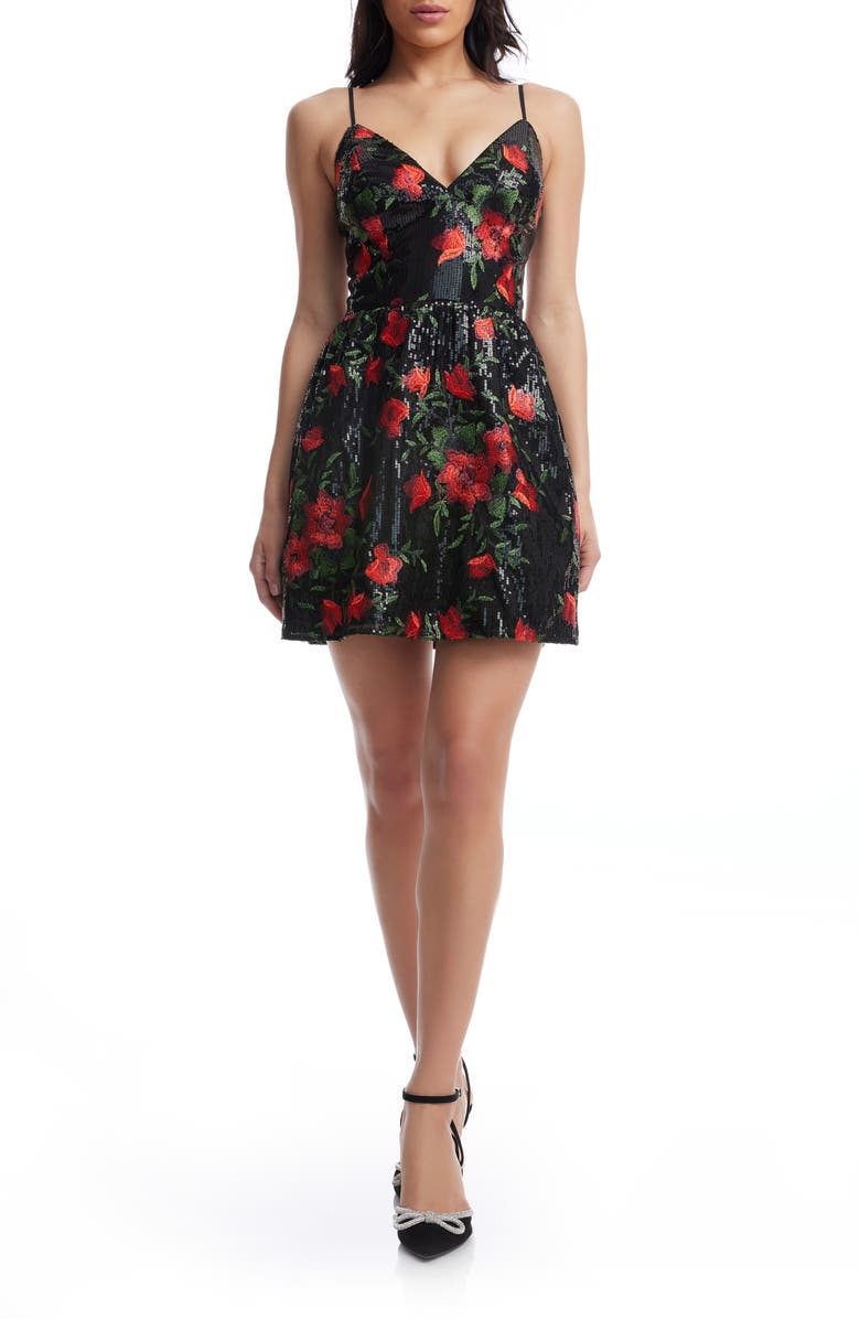 Dress the Population Elva Sequin Floral Print Minidress, Main, color, Rouge Multi