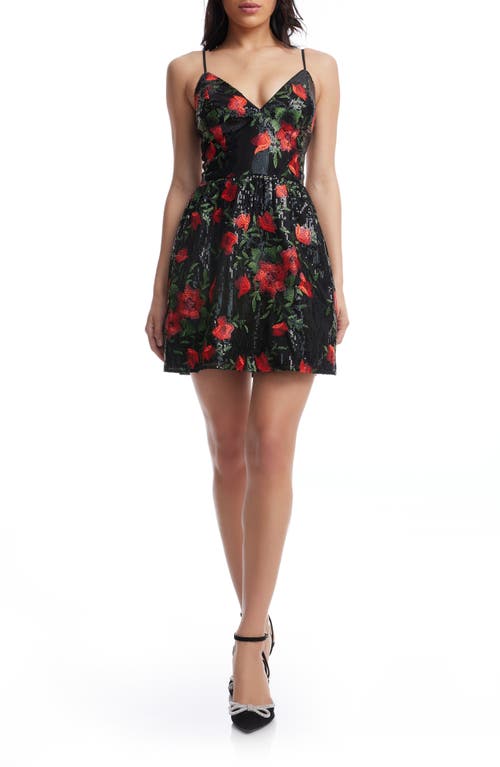 Dress The Population Elva Sequin Floral Print Minidress In Rouge Multi