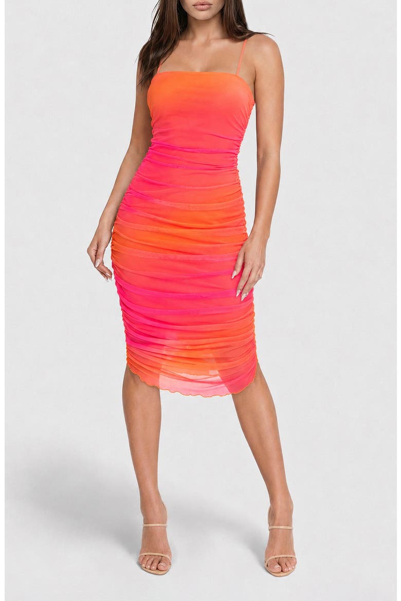 Printed Mesh Shirred Midi Dress, Main, color, ORANGE/ FUSHIA