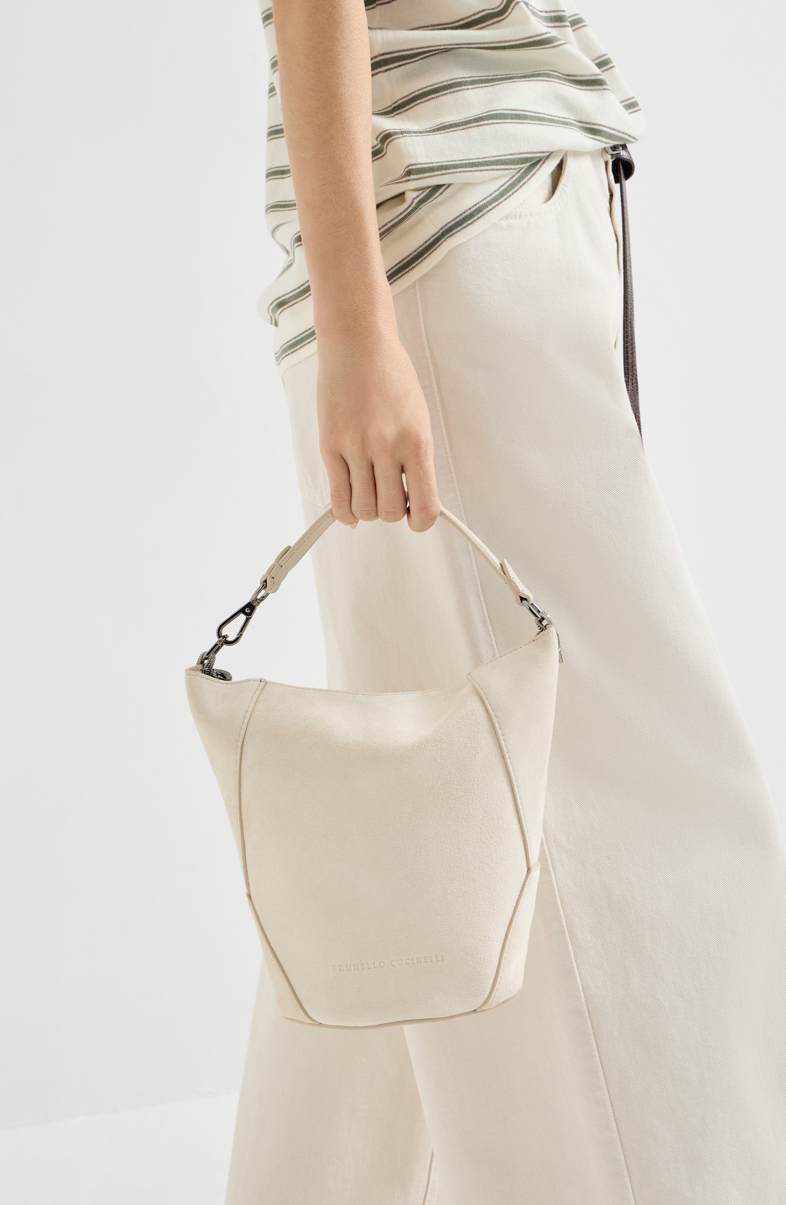 Brunello Cucinelli BC Duo bucket bag in suede, Alternate, color, Ivory