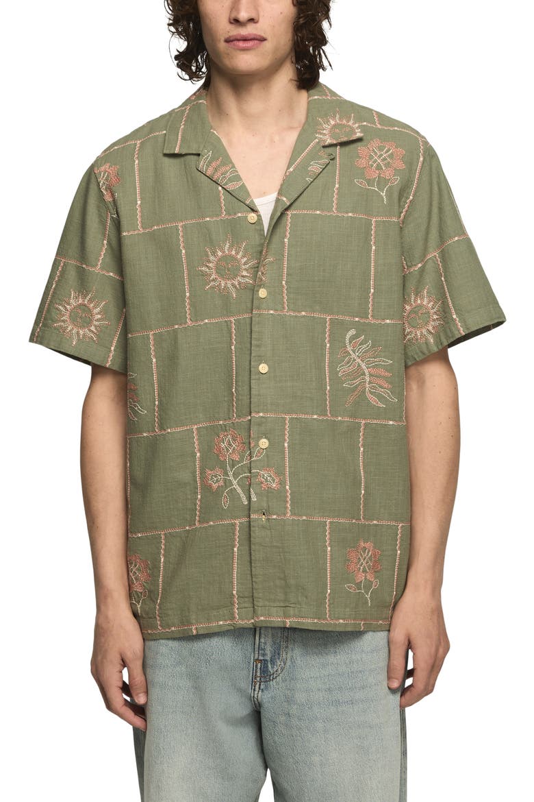 Embroideree Slub Cotton Camp Shirt, Main, color, OLIVE MULTI