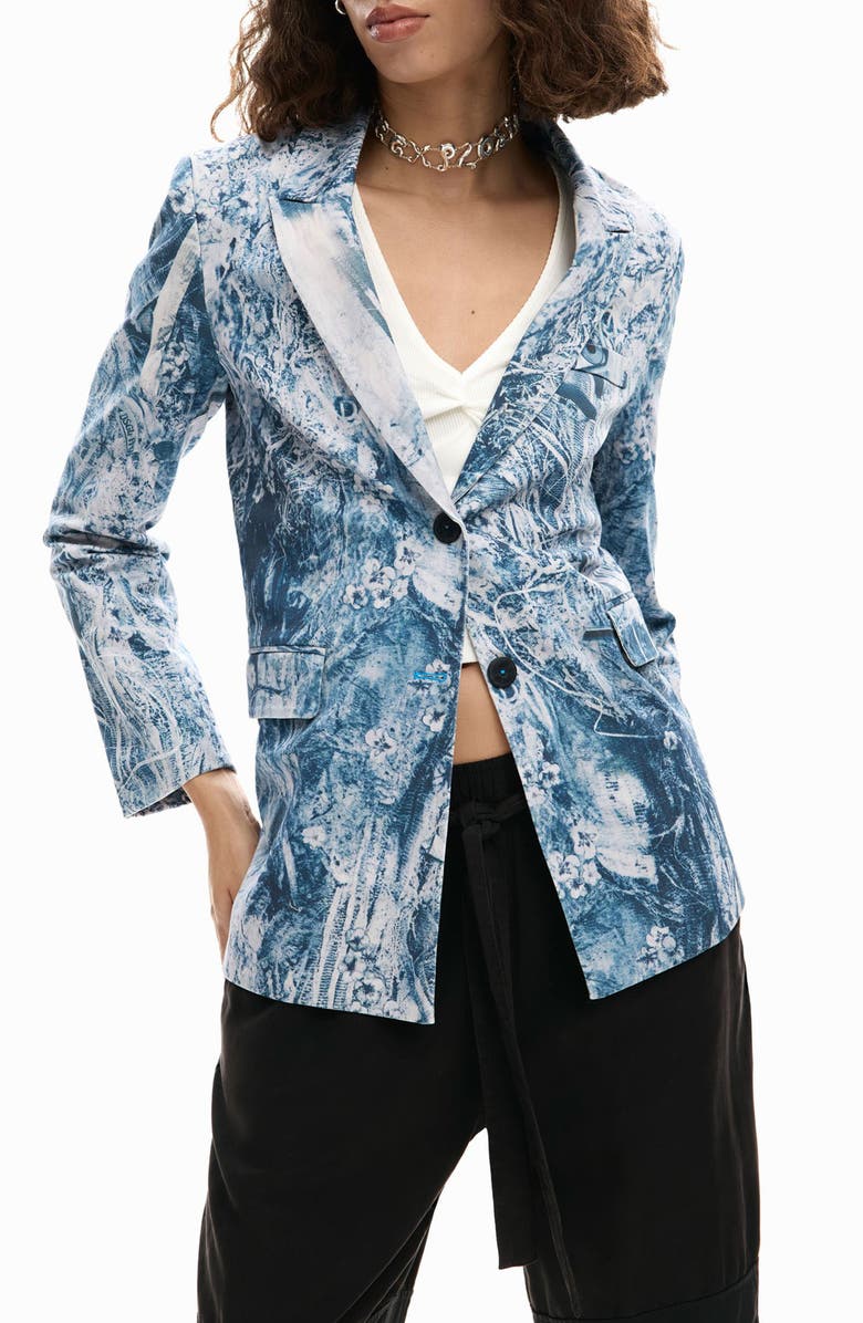 Desigual Floral Mixed Print Stretch Cotton Jacket, Main, color, Multi Gray/ Blue