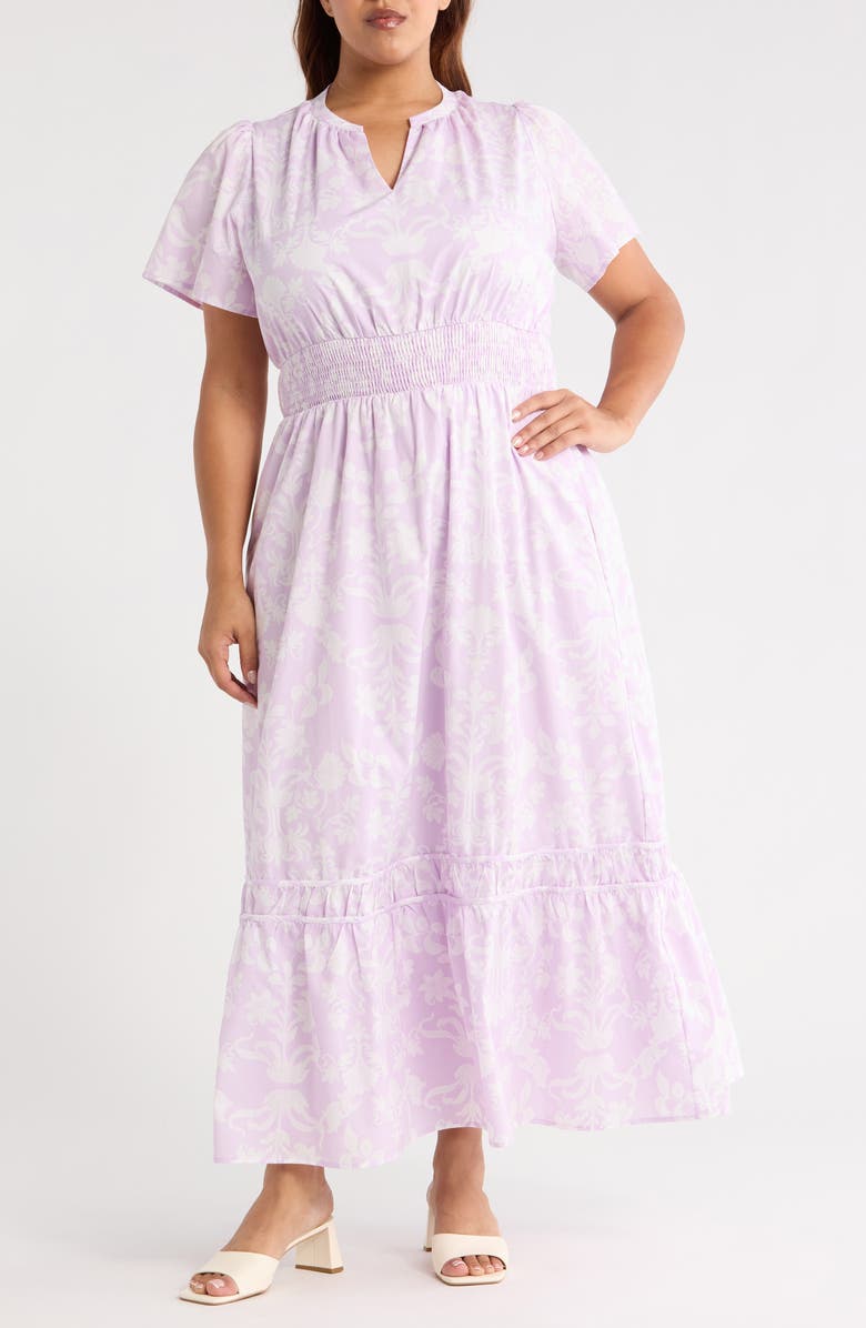 SUGARLIPS Emme Floral Print Smocked Maxi Dress, Main, color, Lavender Purple/ White
