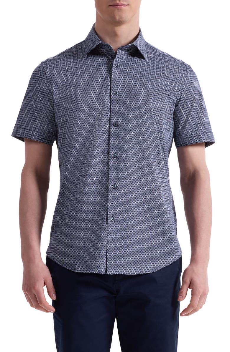 Bugatchi Miles OoohCotton<sup>®</sup> Short Sleeve Button-Up Shirt, Main, color, Navy