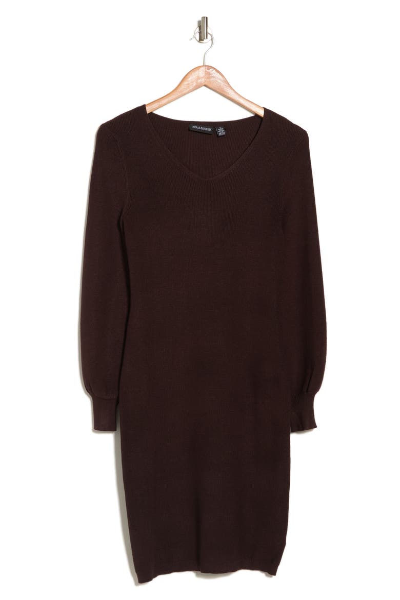 V-Neck Balloon Sleeve Sweater Dress, Alternate, color, CHOCOLATE