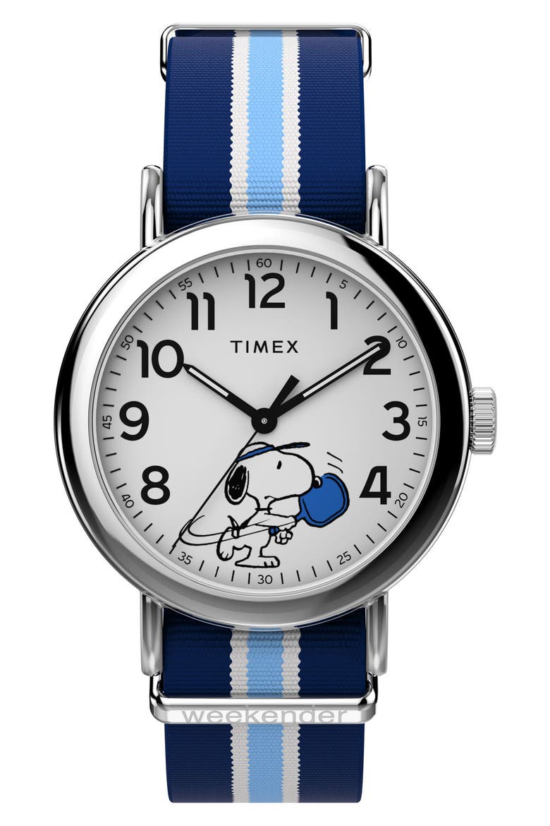 Peanuts® x Timex Weekender Pickleball 37mm Fabric Strap Watch, Main, color, SILVER-TONE/ BLUE