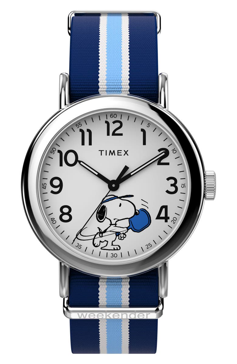 Timex<sup>®</sup> Peanuts<sup>®</sup> x Timex Weekender Pickleball 37mm Fabric Strap Watch, Main, color, Silver-Tone/ Blue