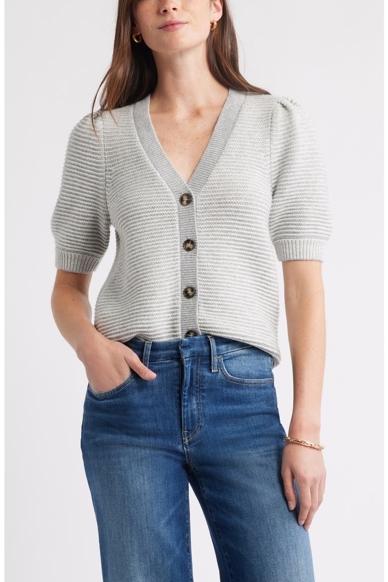 Links Puff Sleeve Wool Blend Cardigan, Main, color, GREY HEATHER- IVORY STRIPE