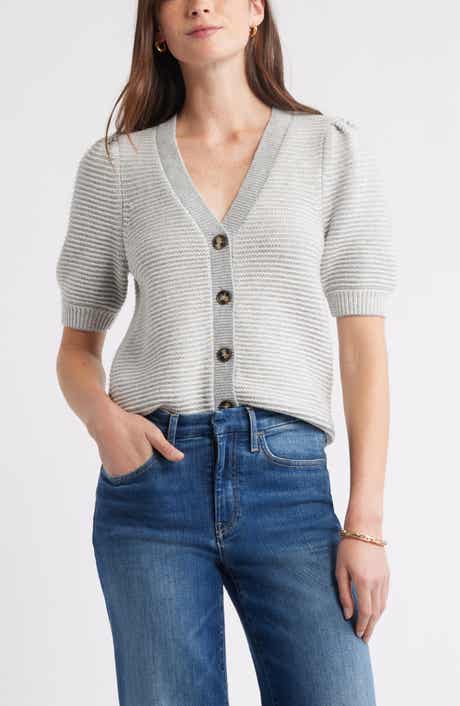 Caslon® Links Puff Sleeve Wool Blend Cardigan
