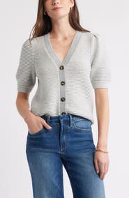 Caslon® Links Puff Sleeve Wool Blend Cardigan