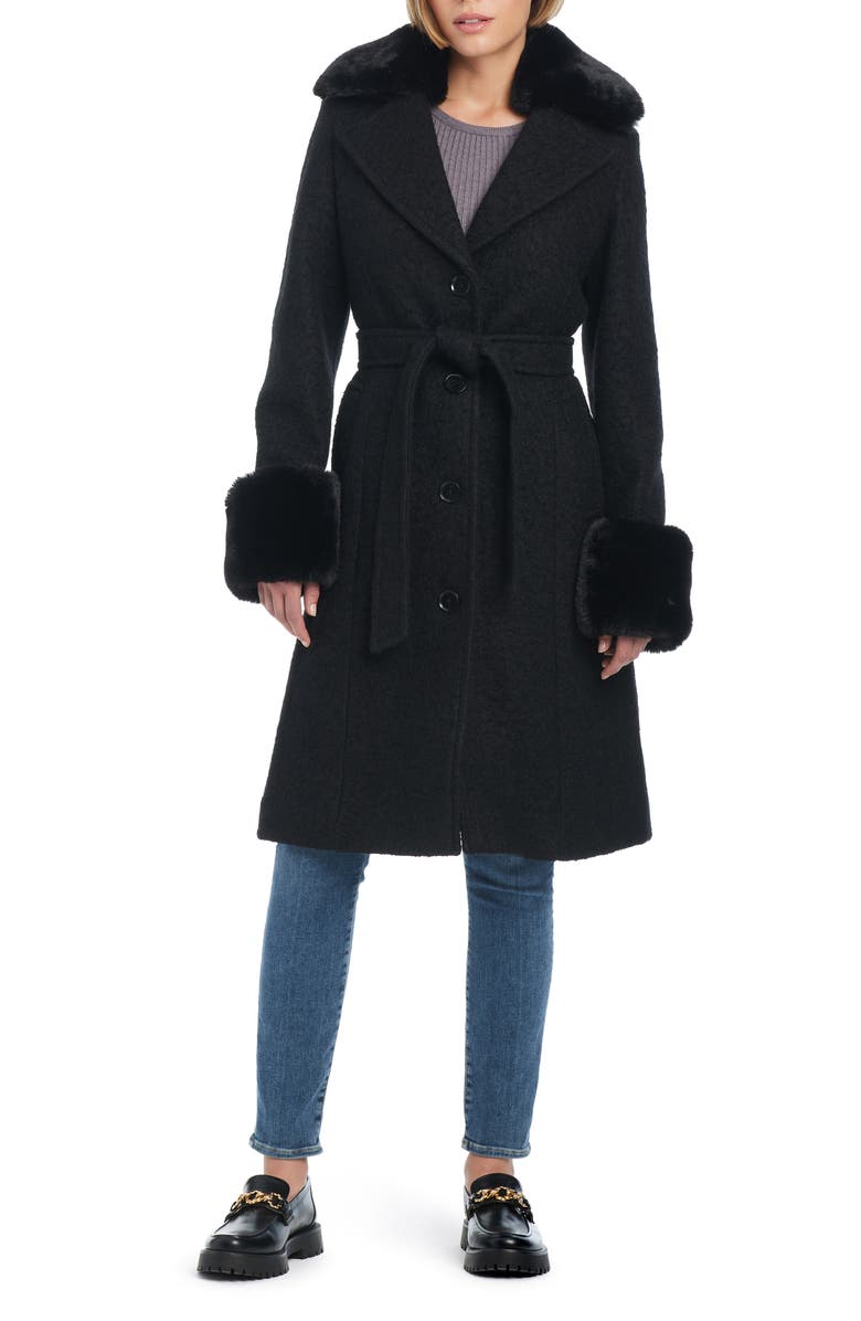 Kate Spade New York club belted wool blend coat with removable faux fur collar and cuffs, Main, color, Black