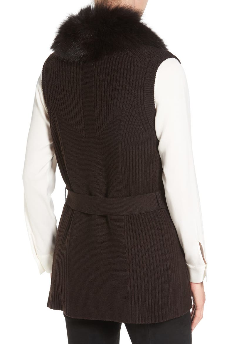 'Kyla' Belted Merino Wool Sweater Vest with Genuine Fox Fur Collar, Alternate, color, CHOCOLATE