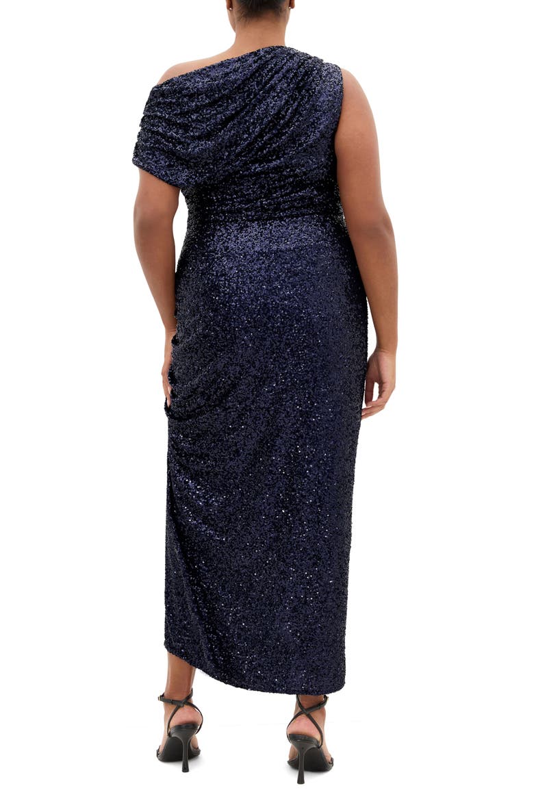 Sequin Star One-Shoulder Maxi Gown, Alternate, color, NAVY SHINE