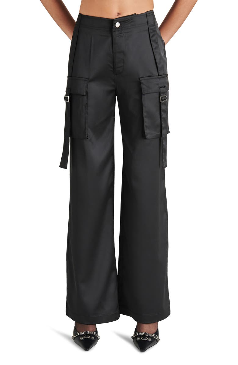 Steve Madden Ace Wide Leg Satin Cargo Pants, Main, color, Black