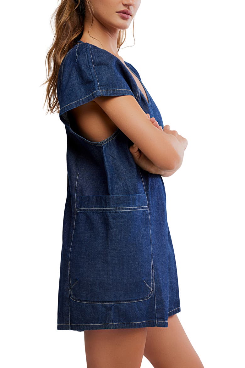 Free Fall Denim Romper, Alternate, color, DEEP BLUE