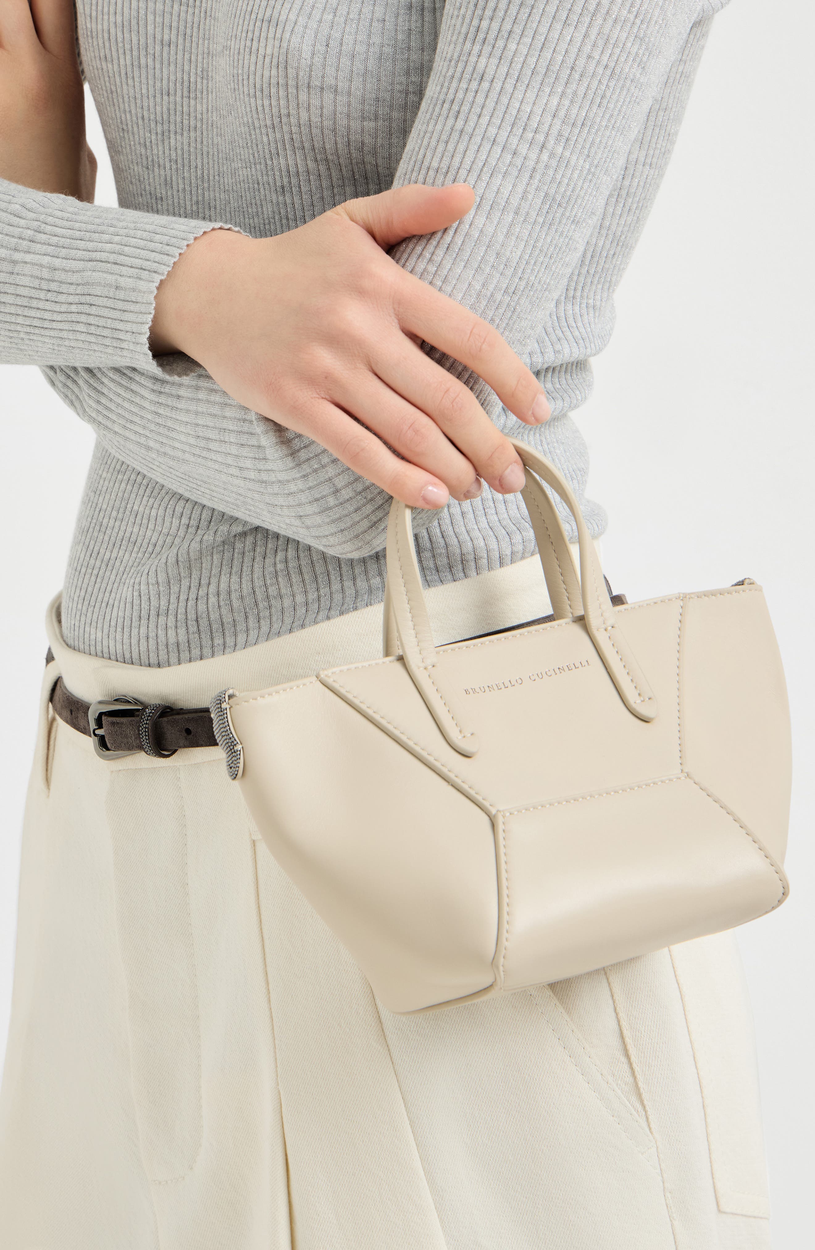 BC Duo mini bag in calfskin with monili, Alternate, color, Ivory