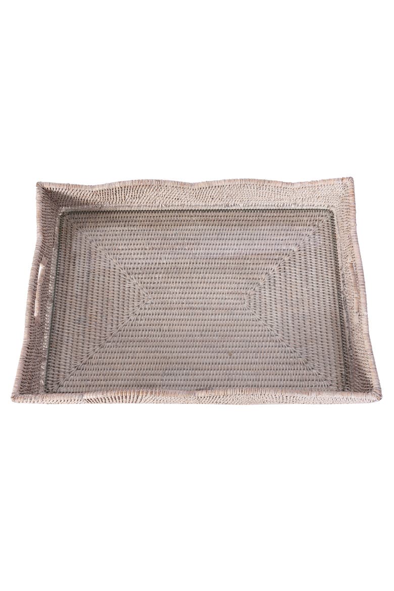 Artifacts Rattan Scallop Rectangular Tray With Glass Insert, Alternate, color, White Wash