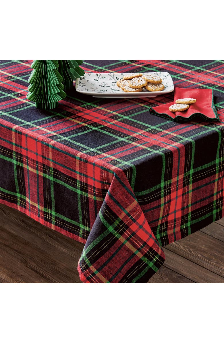 tag Christmas Plaid Tablecloth Red Multi Cotton Machine Washable, Alternate, color, Red